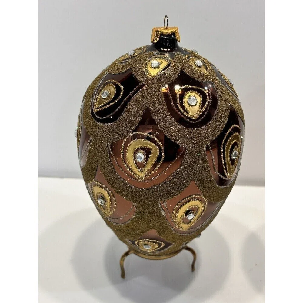 Vintage Hand Blown & Painted Glass Egg Christmas Ornament Diamond Glitter Set 2